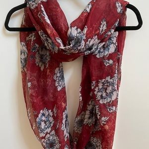 Red/orange infinity scarf with blue flowers